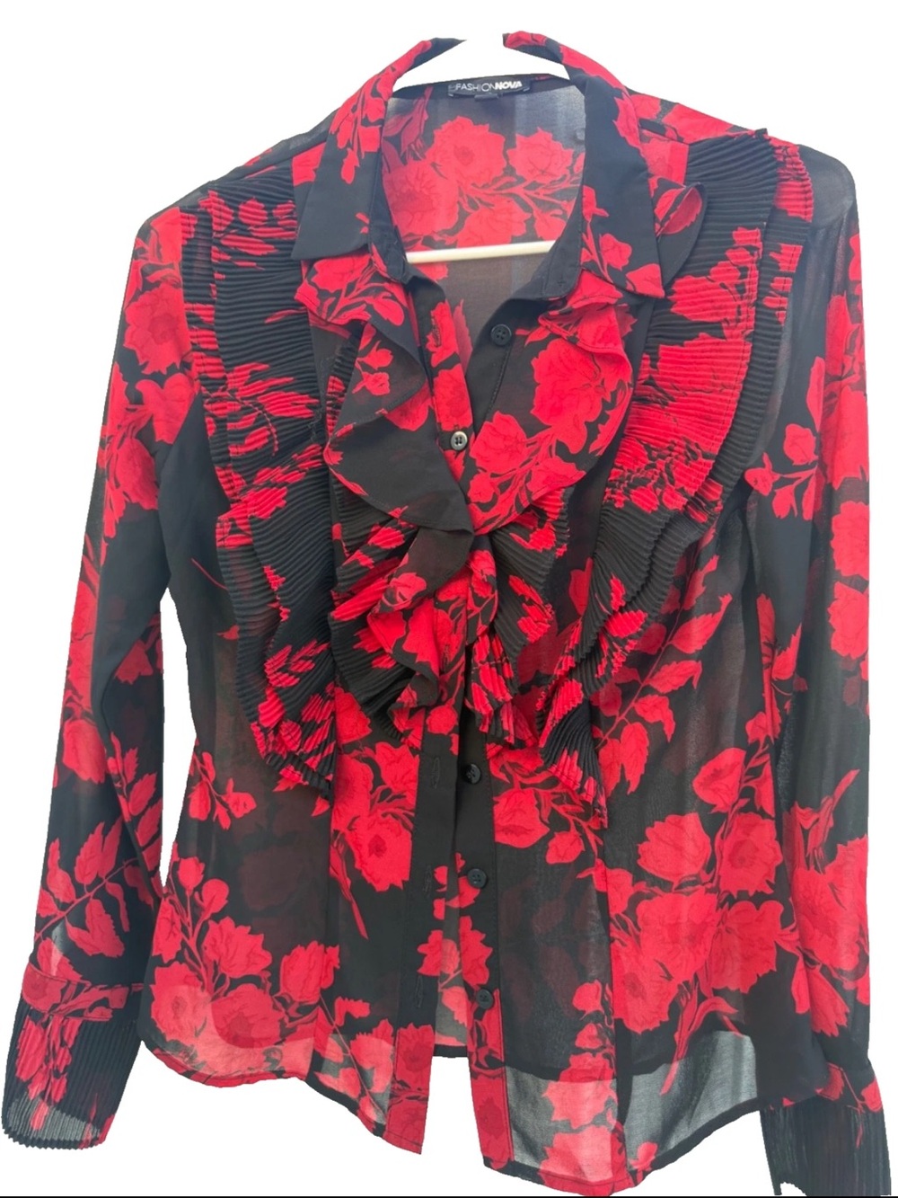 Fashion Nova Black and Red Floral Ruffle Sheer Blouse
